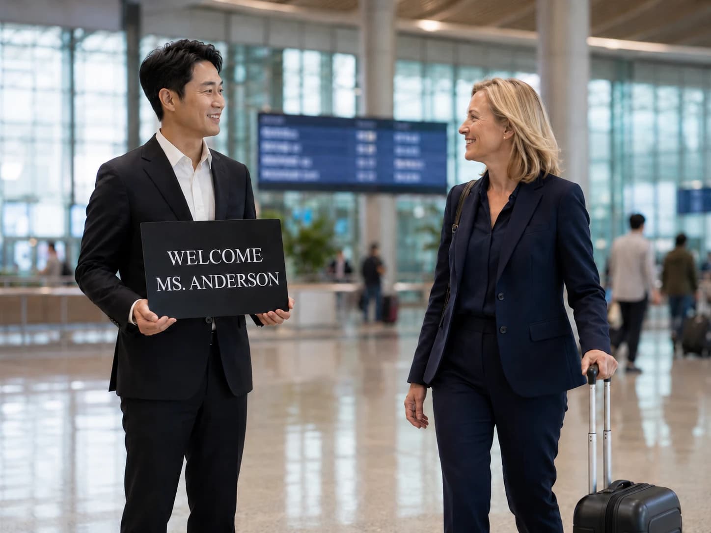 공항 도착장에서 환영 표지판을 든 담당자가 캐리어를 끄는 여행객을 맞이하는 모습
